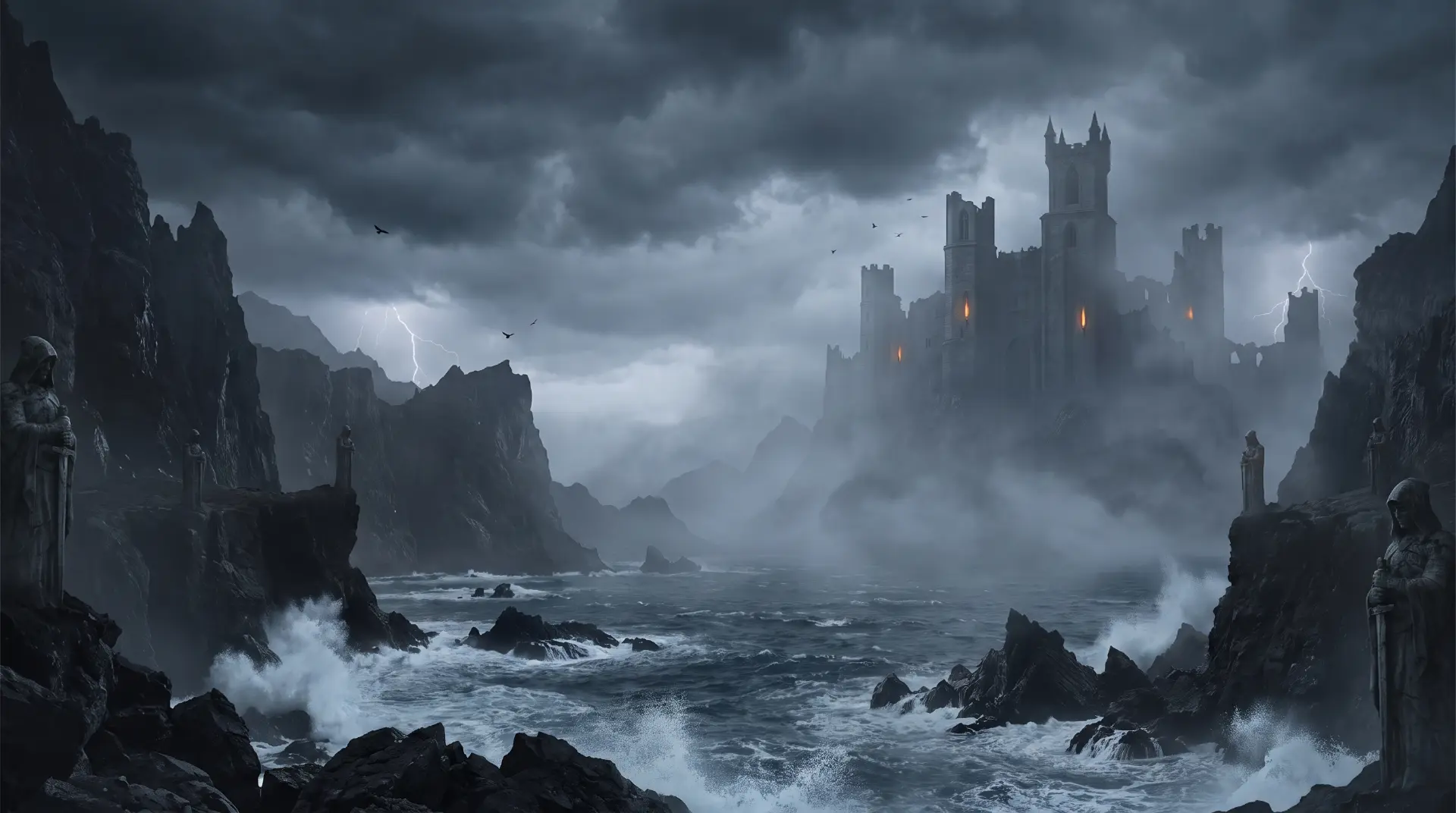 Storm-lashed castle on a black volcanic coastline